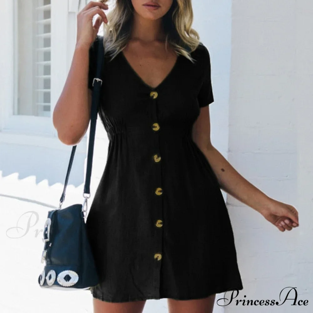 Pure Color Single Row Buttons V-Neck Dress - Image 7