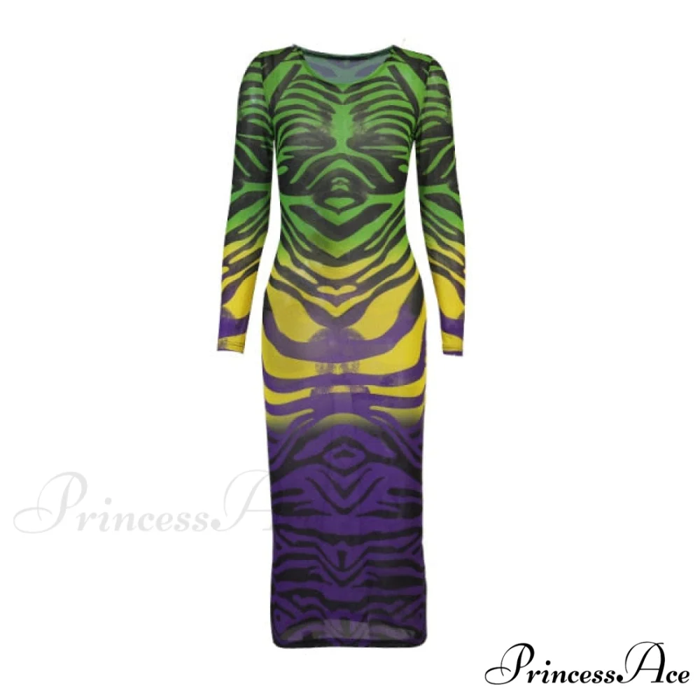 Long Sleeve Printed Mesh See Through Bodycon Dress - Image 2