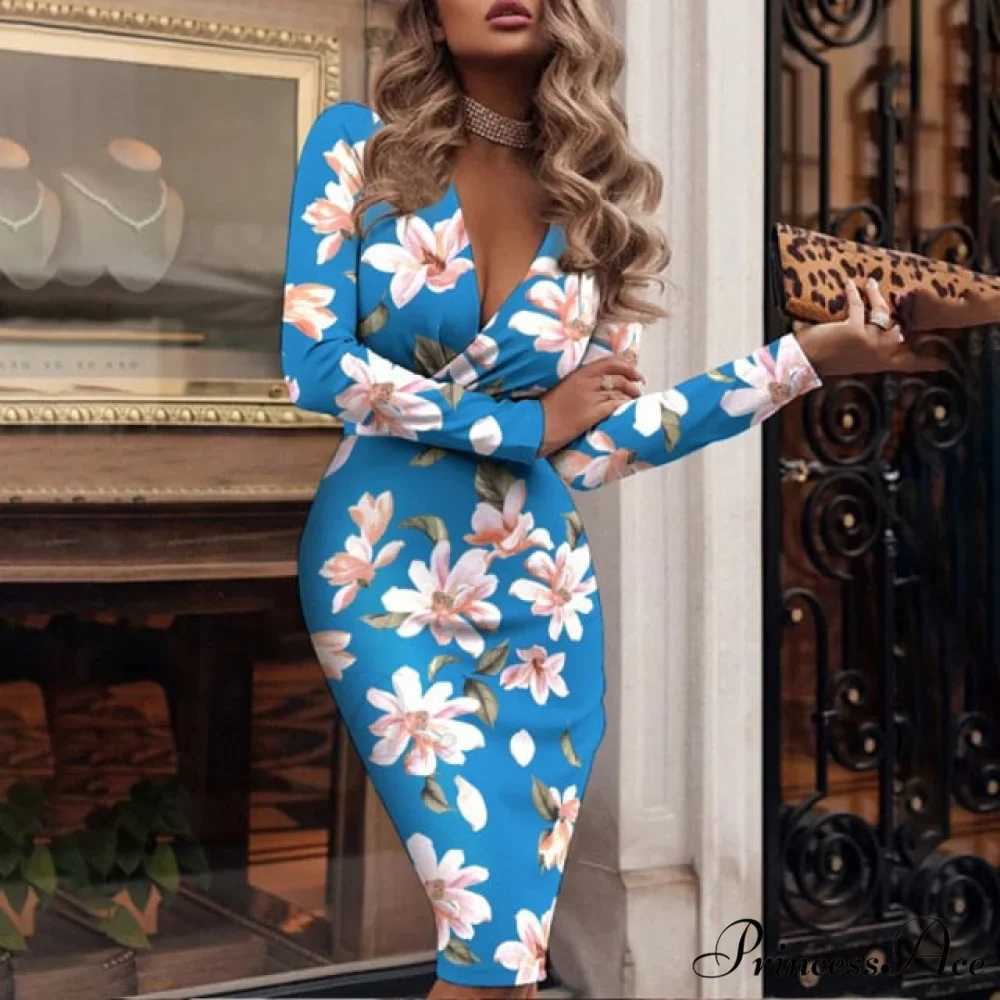 Fashion Print Sexy V-neck Slim Pencil Dresses - Image 3