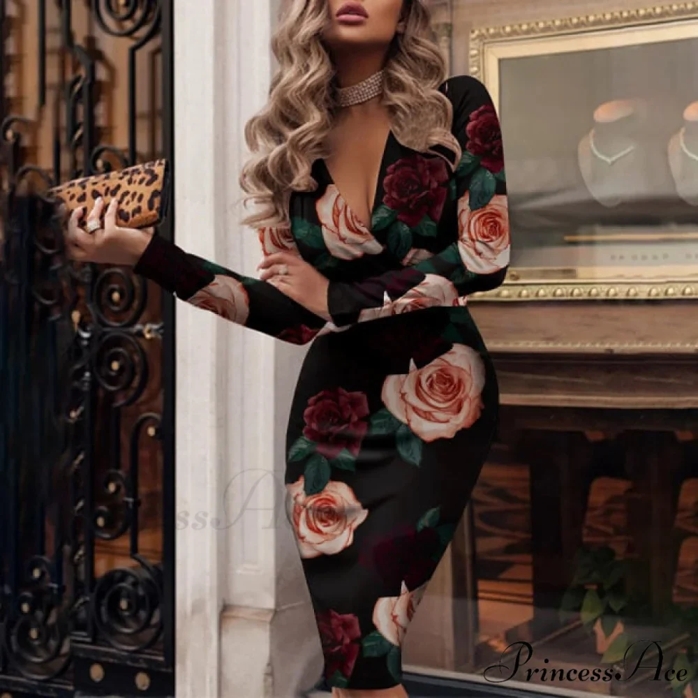 Fashion Print Sexy V-neck Slim Pencil Dresses - Image 7