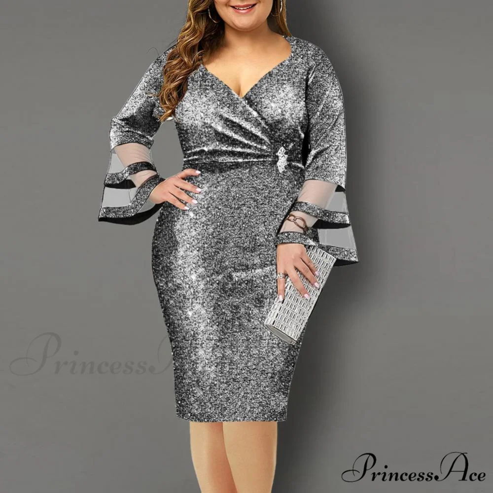 Elegant Sexy V Neck Bright Silk Mesh Party Dress - Image 3