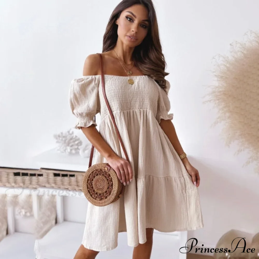Slash Neck White Puff Sleeve Big Swing Dresses - Image 2