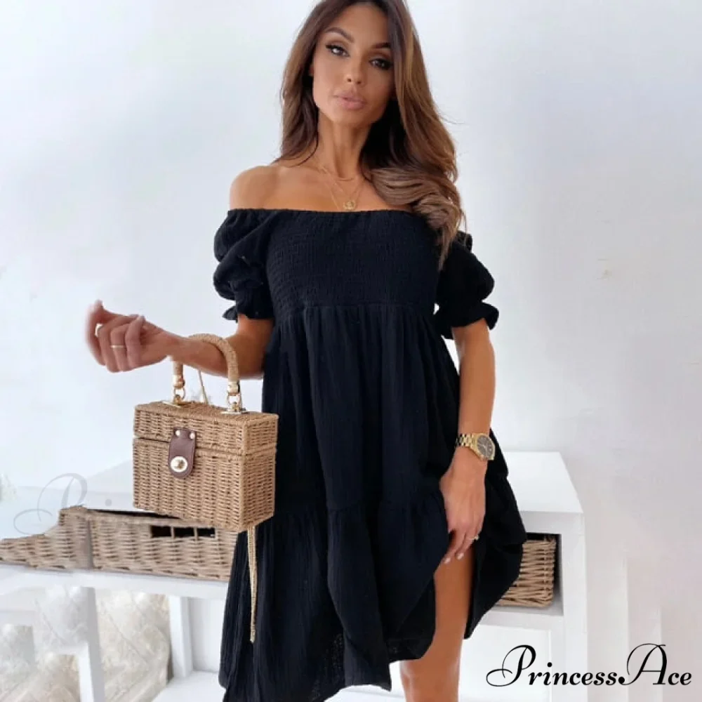 Slash Neck White Puff Sleeve Big Swing Dresses - Image 4