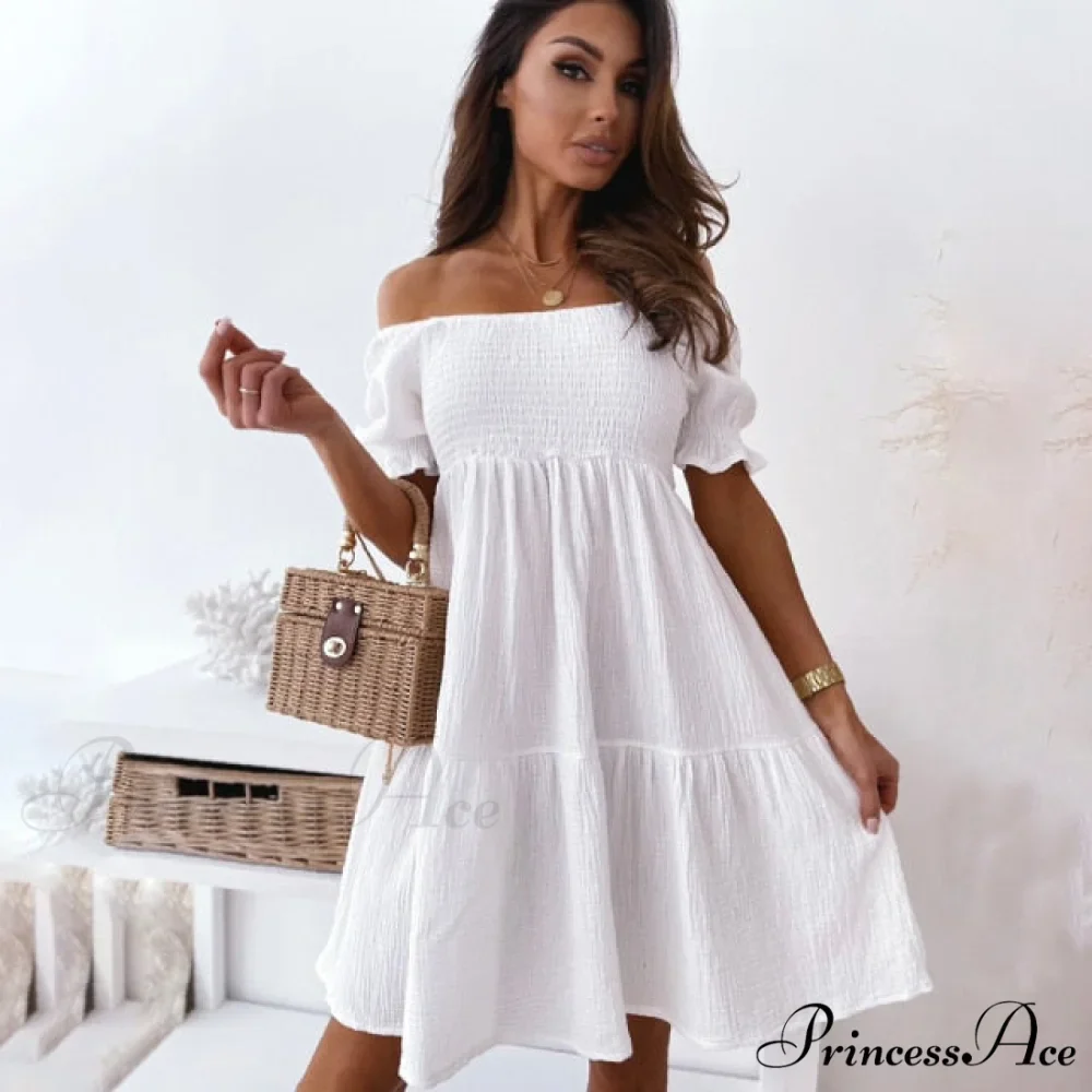 Slash Neck White Puff Sleeve Big Swing Dresses - Image 5