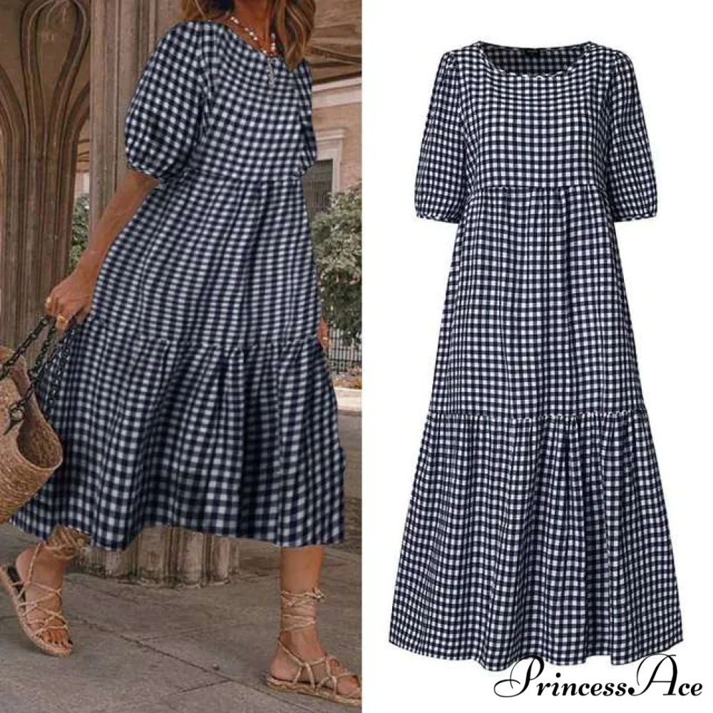 Short Sleeve Vintage Plaid Printed Sundress - Image 4