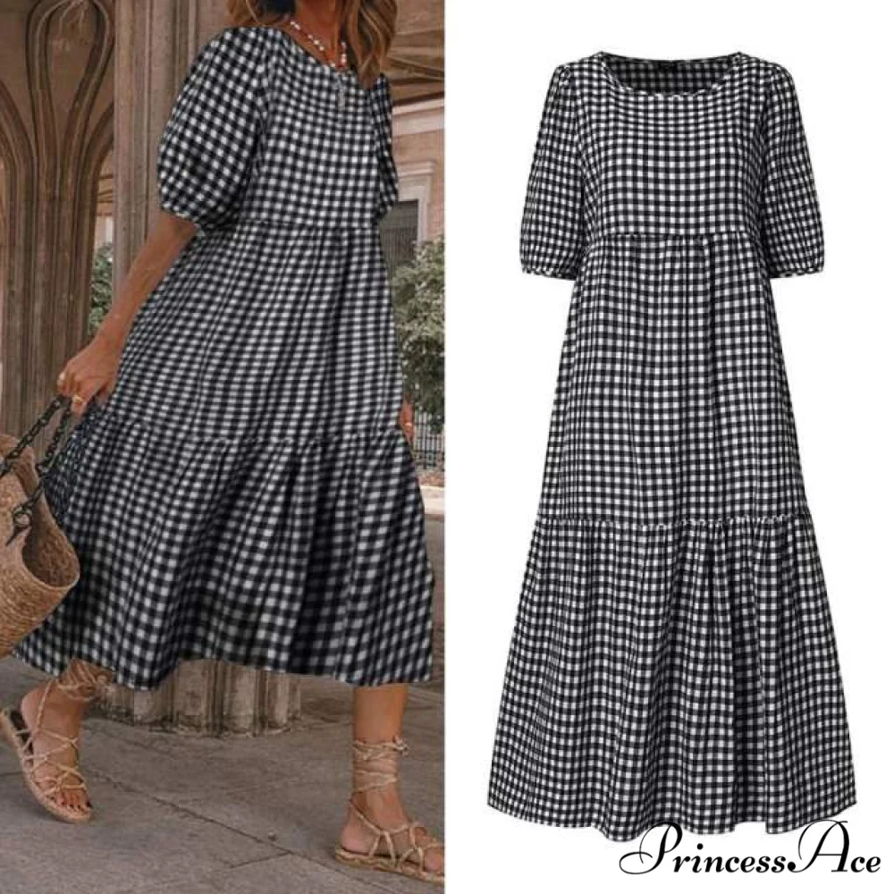 Short Sleeve Vintage Plaid Printed Sundress - Image 5