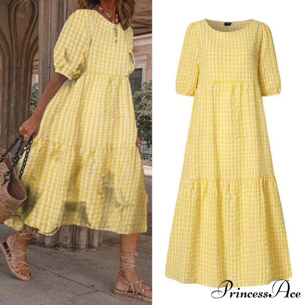 Short Sleeve Vintage Plaid Printed Sundress - Image 6