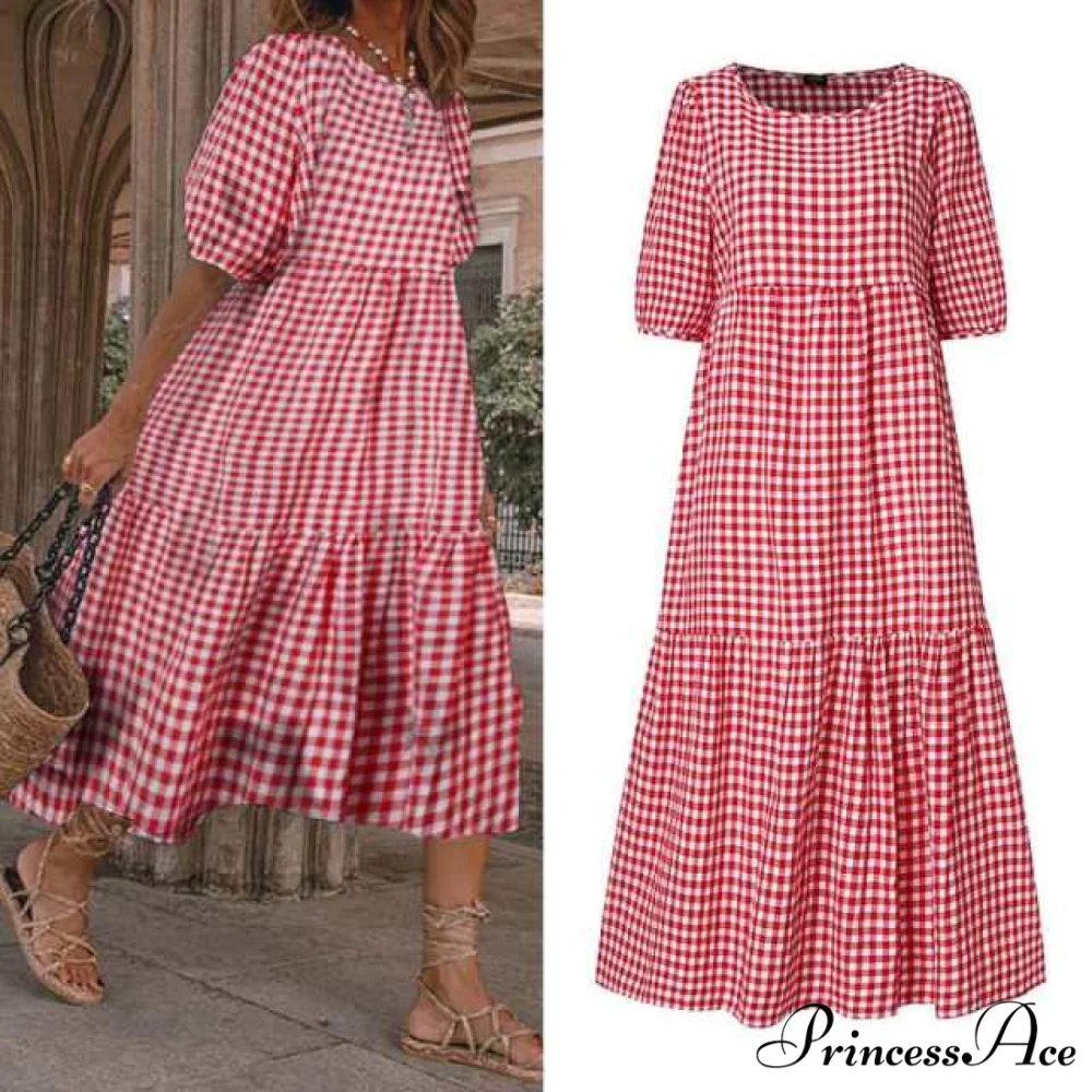 Short Sleeve Vintage Plaid Printed Sundress - Image 9