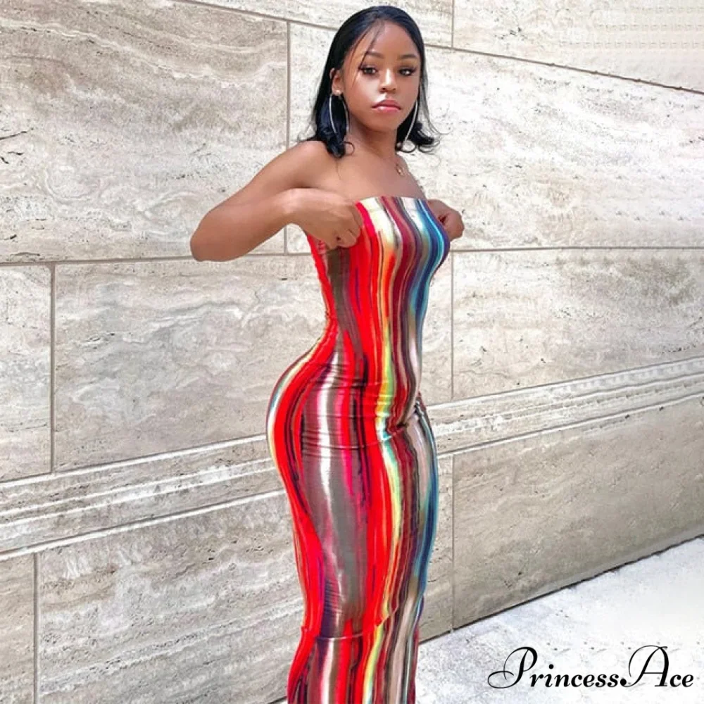 Colorful Strapless Maxi Bodycon Dress - Image 4