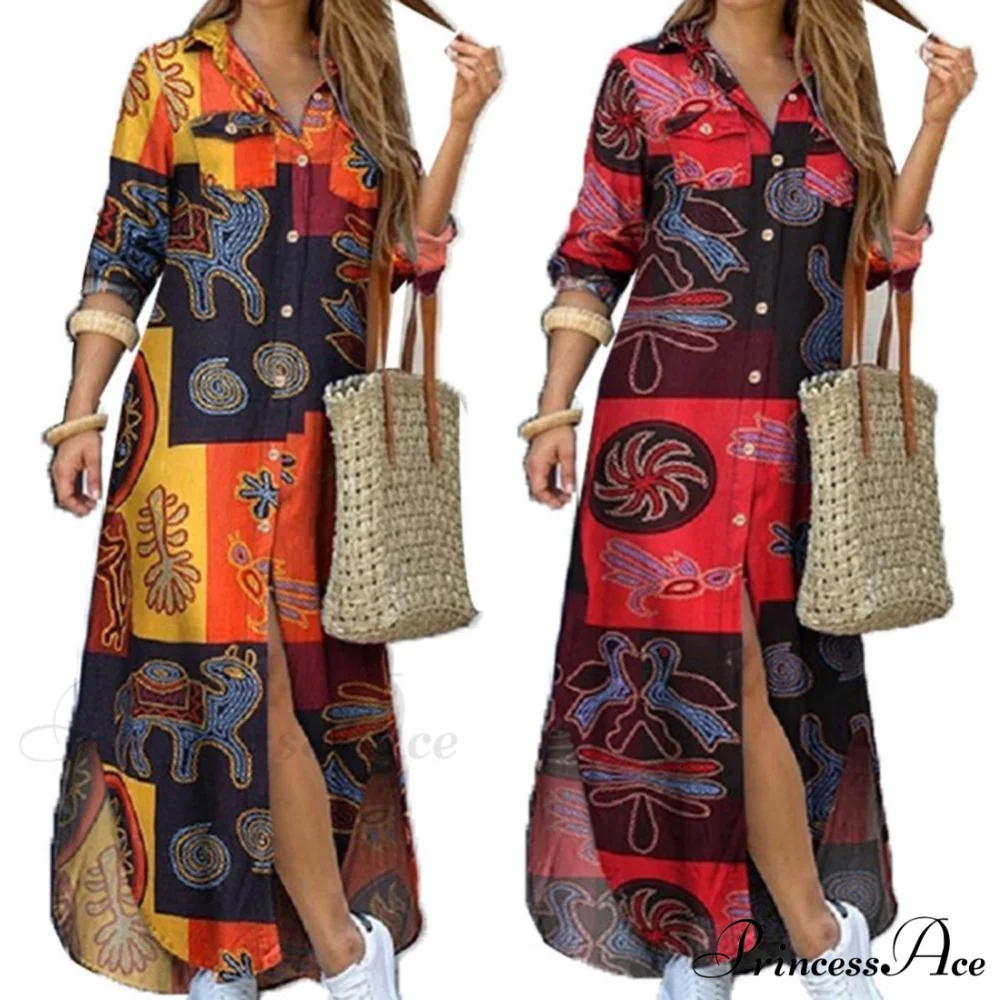 Single-breasted Printed Loose Maxi Shirt Dress - Image 2