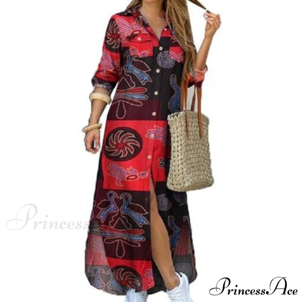 Single-breasted Printed Loose Maxi Shirt Dress - Image 3