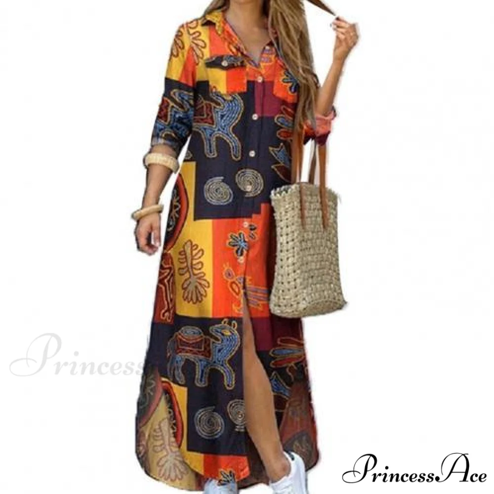 Single-breasted Printed Loose Maxi Shirt Dress - Image 5