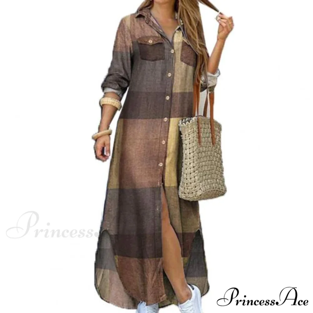 Single-breasted Printed Loose Maxi Shirt Dress - Image 6