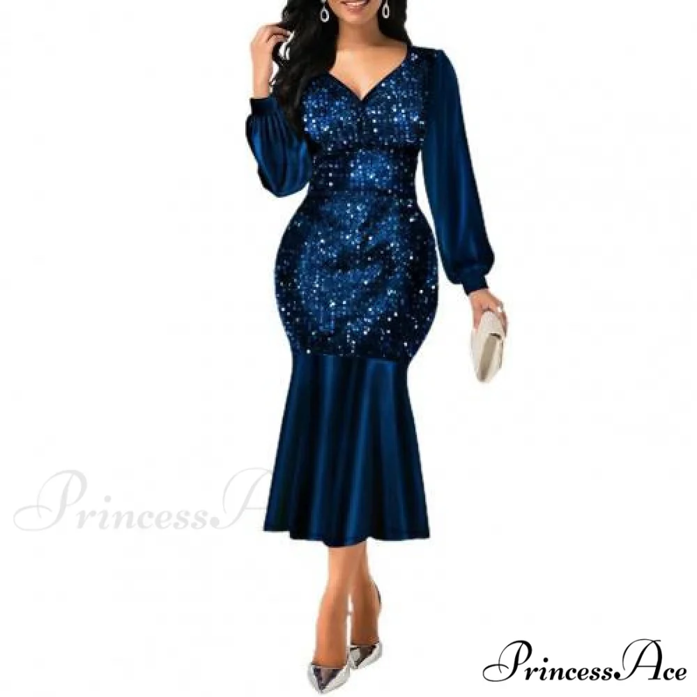 Sequin V Neck Shiny Long Sleeve Patchwork Dress - Image 2