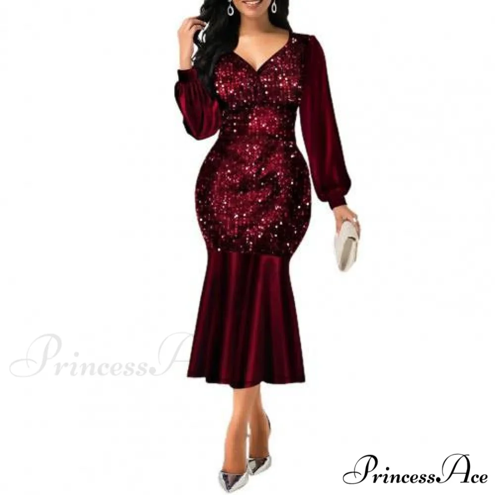 Sequin V Neck Shiny Long Sleeve Patchwork Dress - Image 3