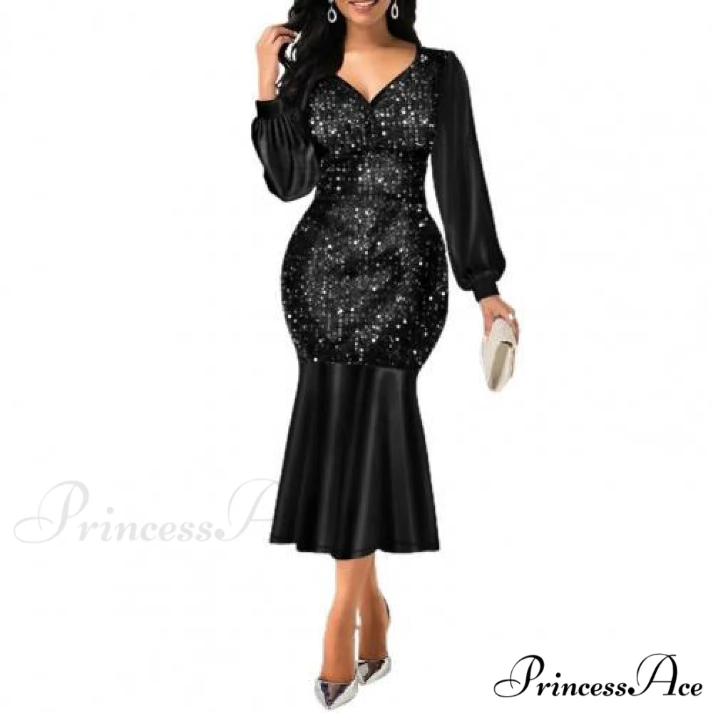Sequin V Neck Shiny Long Sleeve Patchwork Dress - Image 4