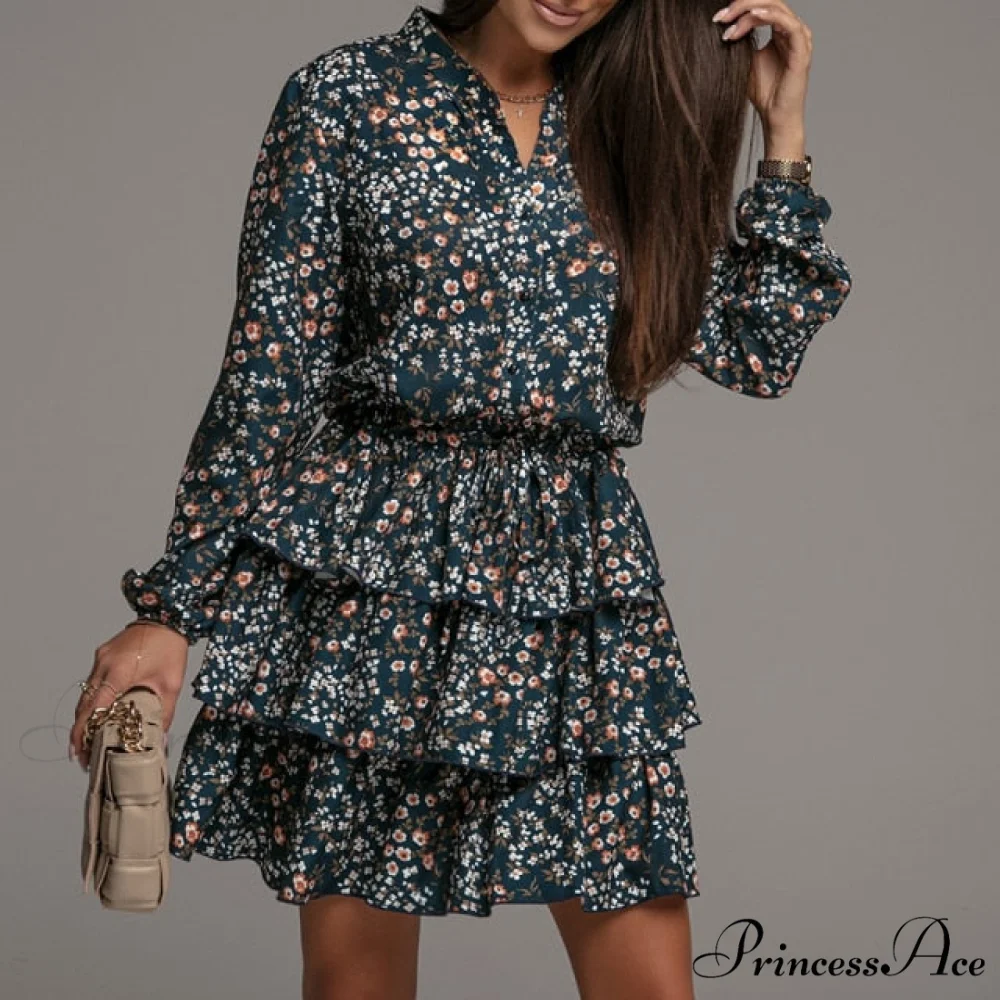Flowers Print V Neck Green Short Dress - Image 3