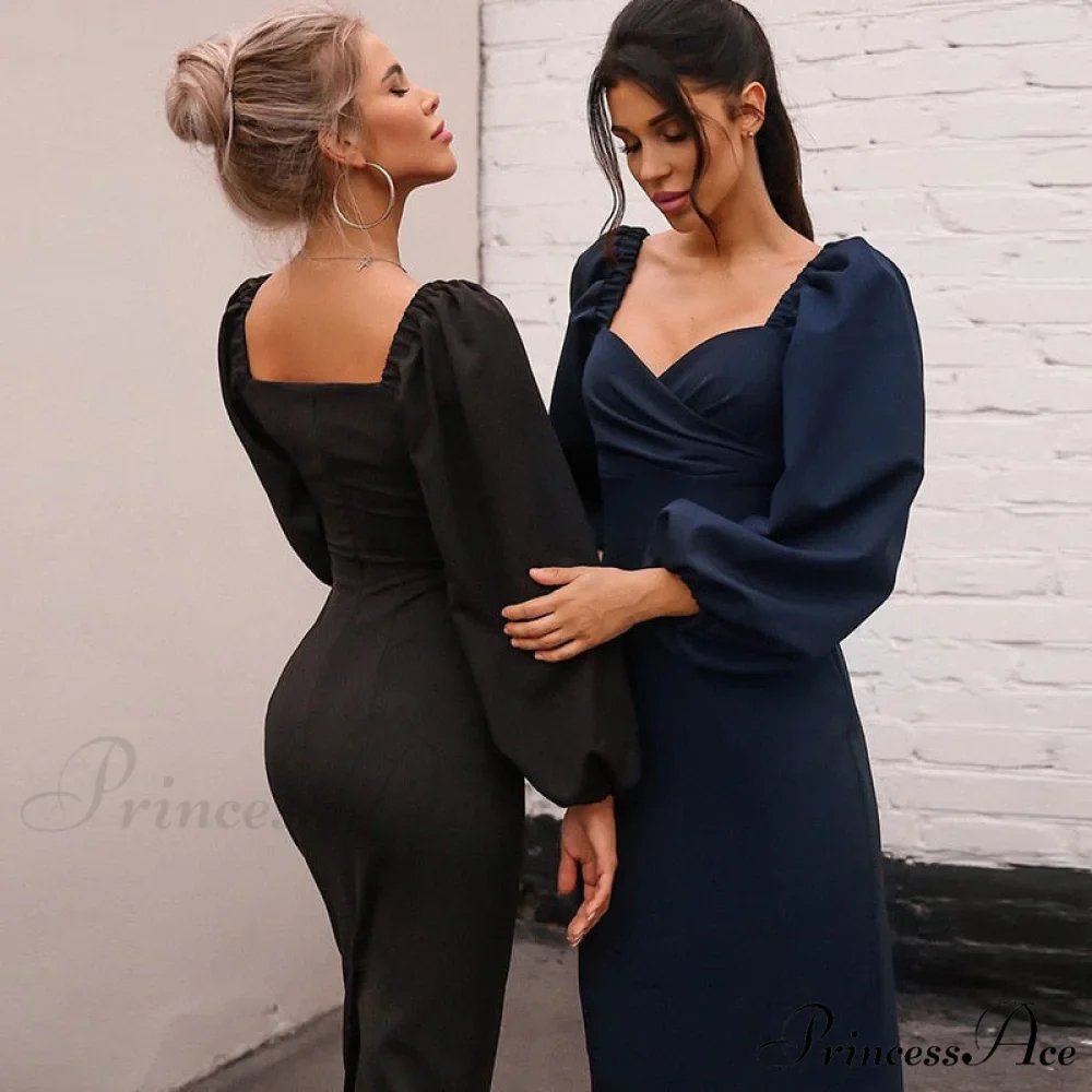 Solid Puff Sleeve Sexy Mid-Calf Dresses - Image 2