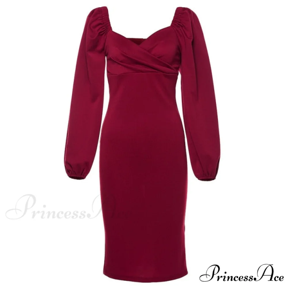 Solid Puff Sleeve Sexy Mid-Calf Dresses - Image 6