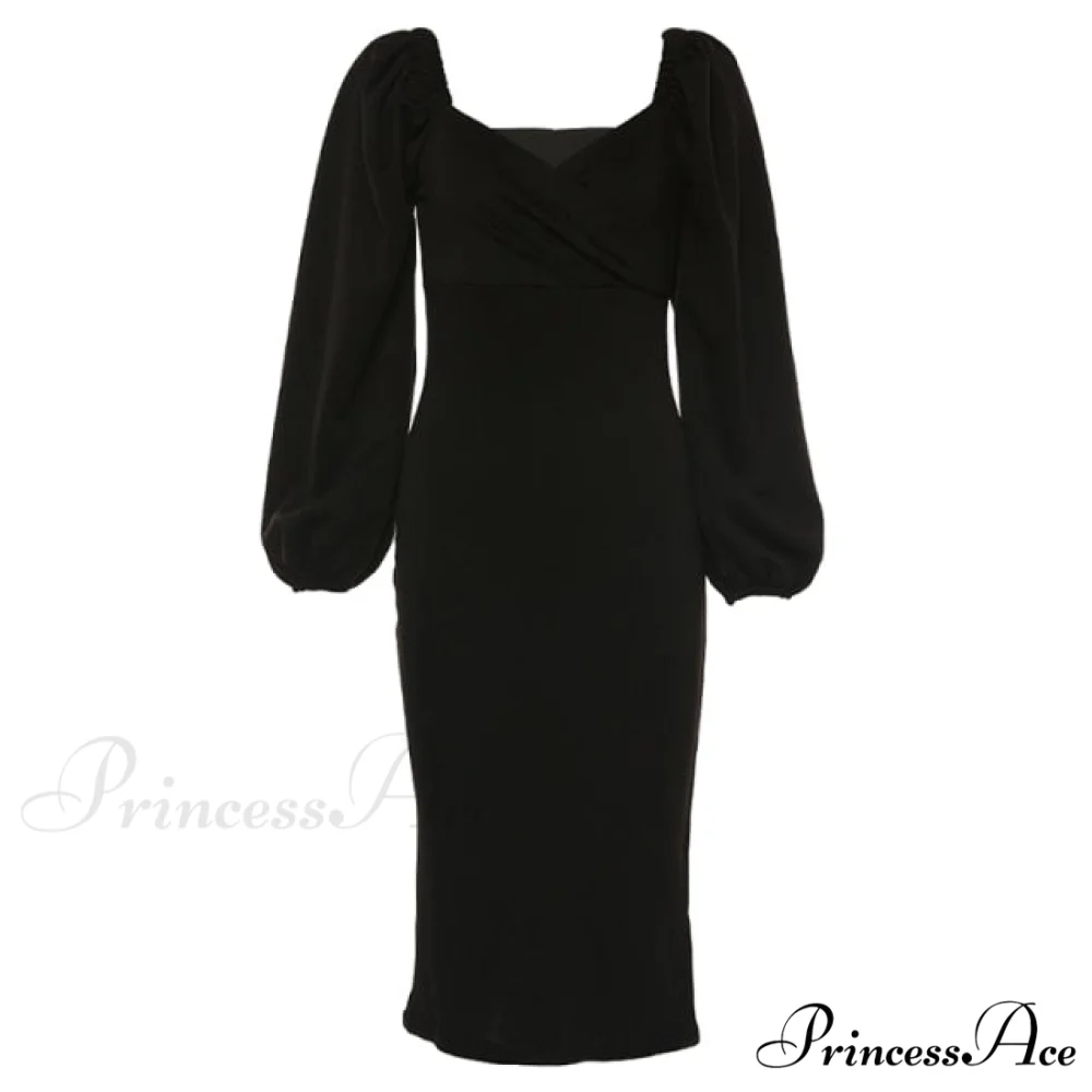 Solid Puff Sleeve Sexy Mid-Calf Dresses - Image 7