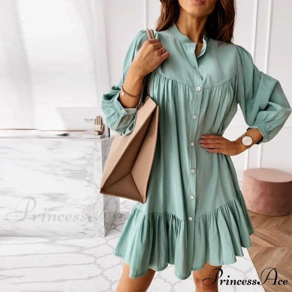 Long Sleeve Stand Collar Solid Elegant Dress - Image 5
