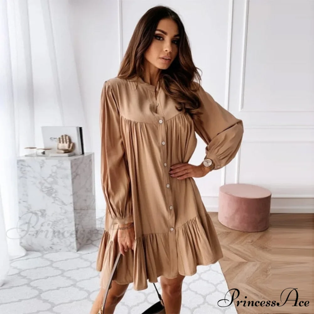 Long Sleeve Stand Collar Solid Elegant Dress - Image 6