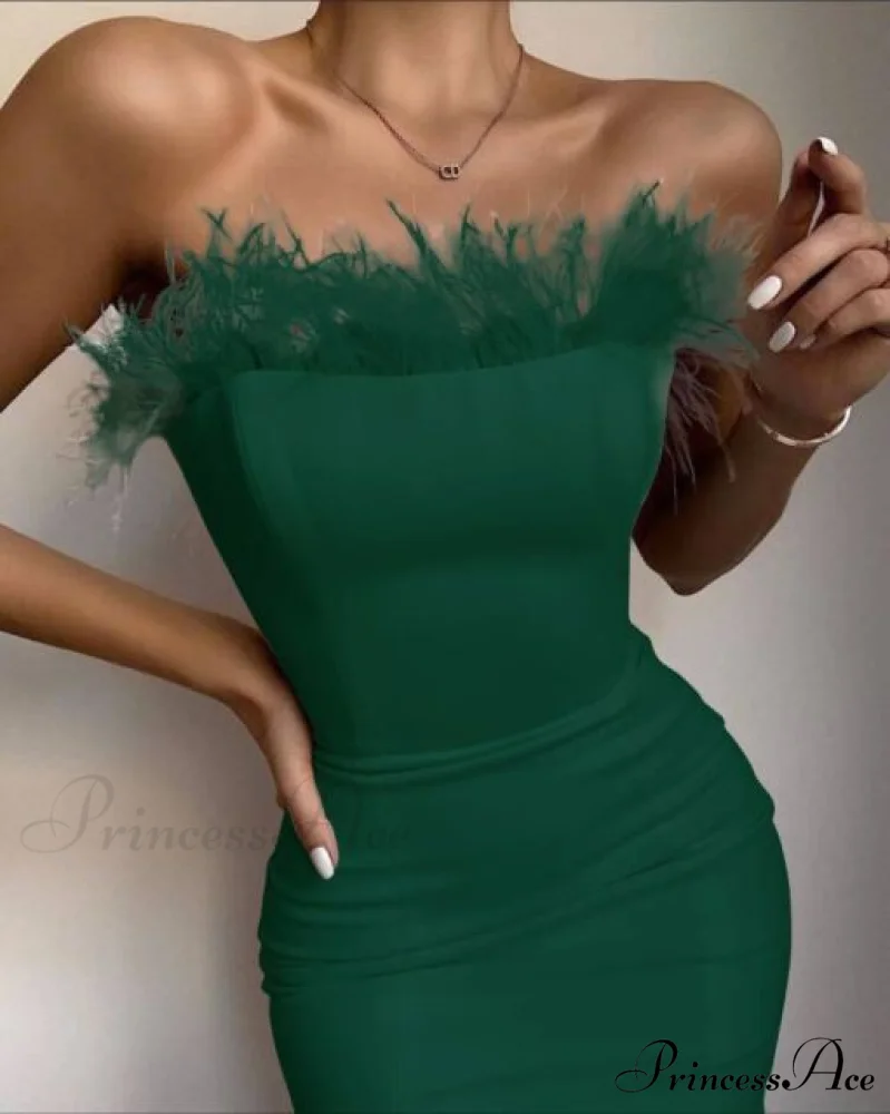 Sexy Strapless Backless Feather Black Midi Dress - Image 3