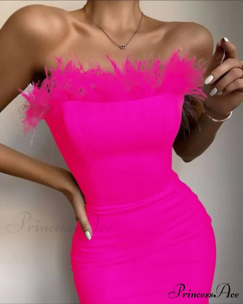 Sexy Strapless Backless Feather Black Midi Dress - Image 5