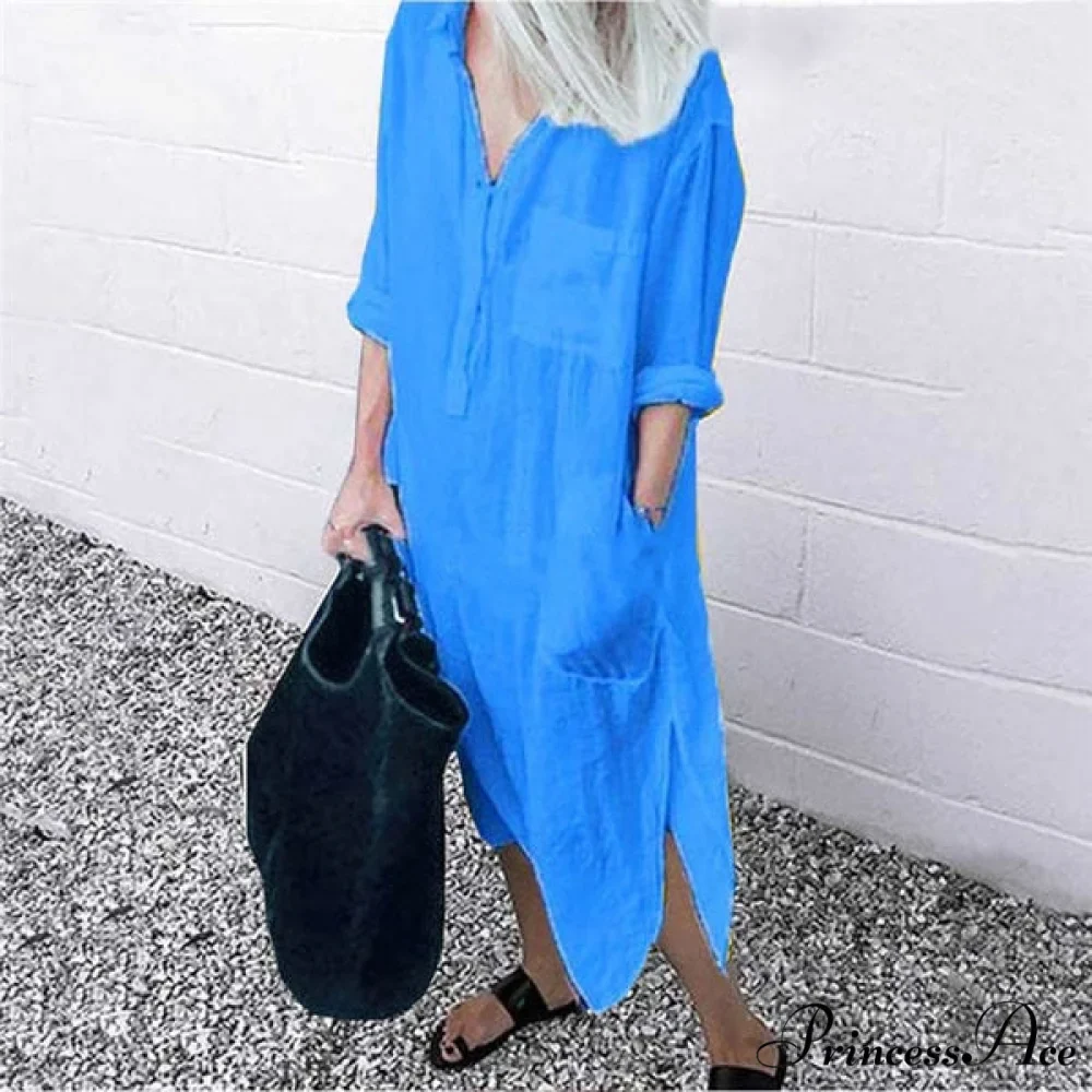 Solid Long Sleeve Side Split Long Dress - Image 2