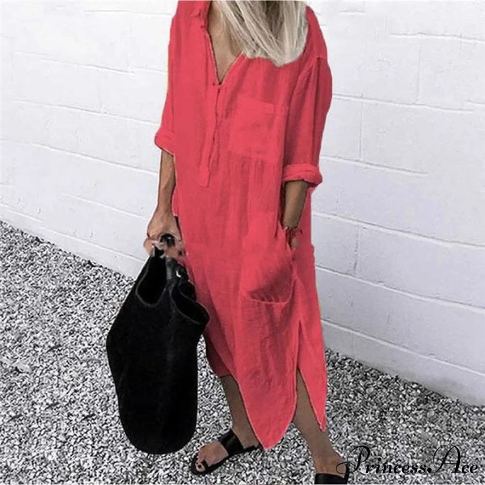 Solid Long Sleeve Side Split Long Dress - Image 3