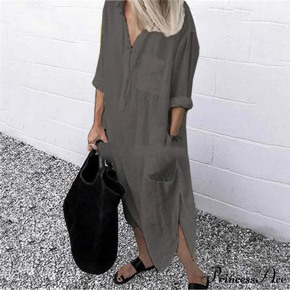Solid Long Sleeve Side Split Long Dress - Image 7
