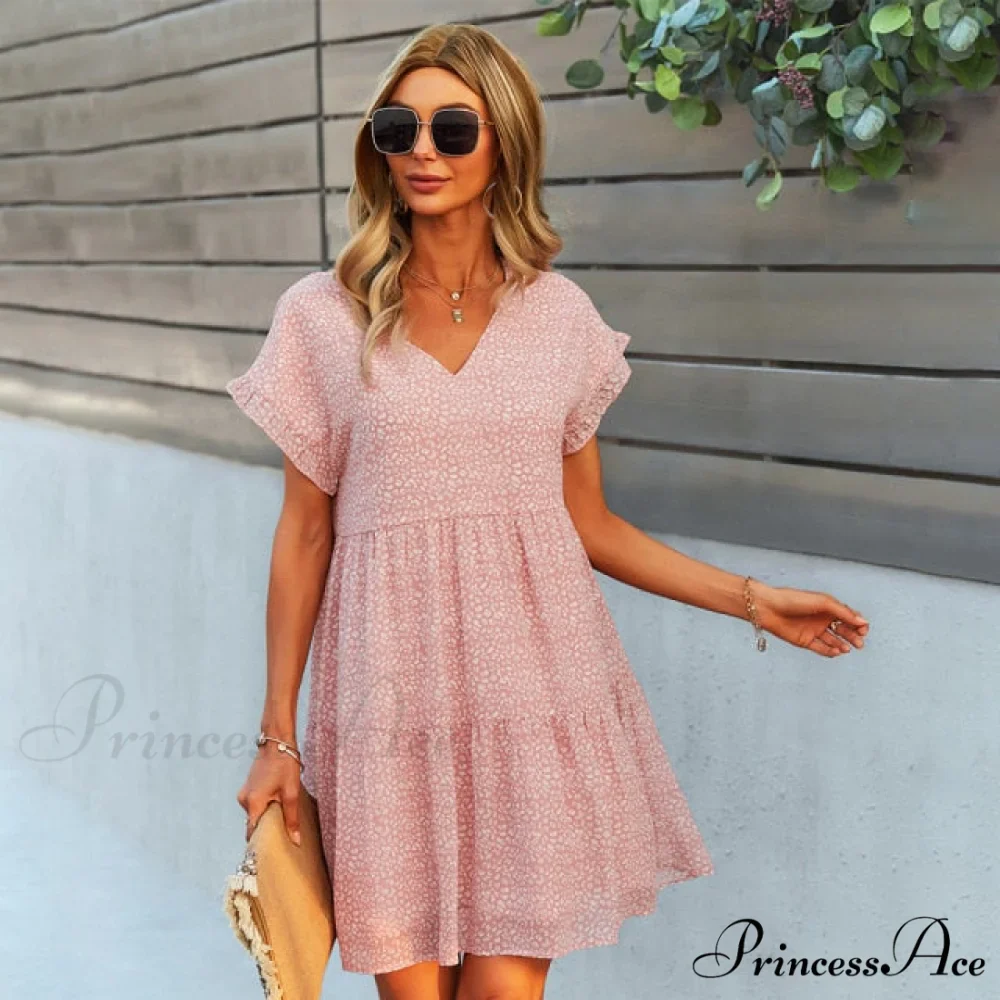 Casual V Neck Ruffles Beach Mini Chiffon Dress - Image 4