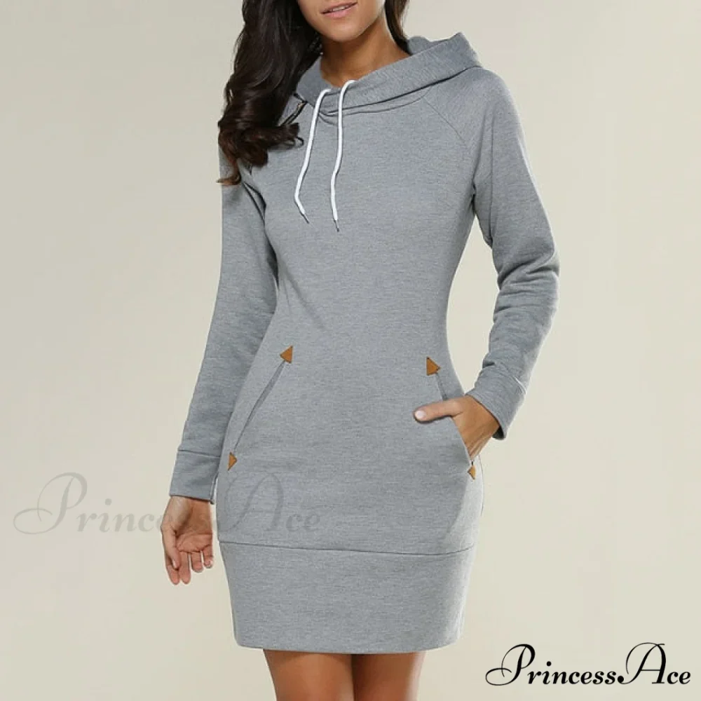 Long Sleeve Camp Collar Pocket Simple Dress - Image 2