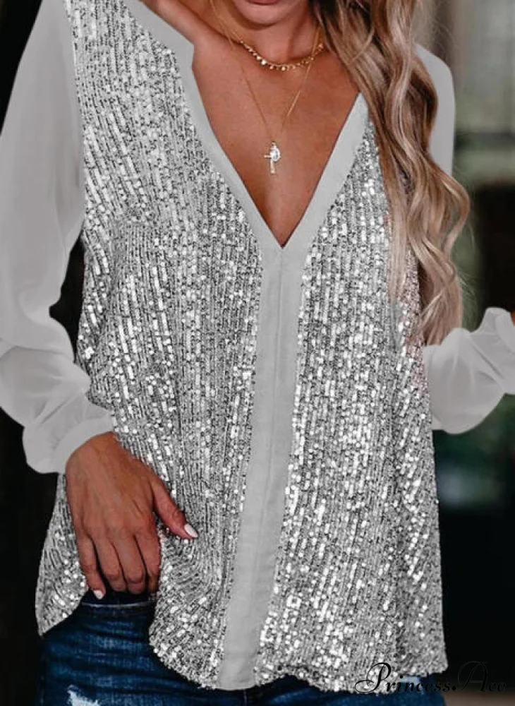 Elegant Long Sleeve Sequin Blouses Shirt - Image 3