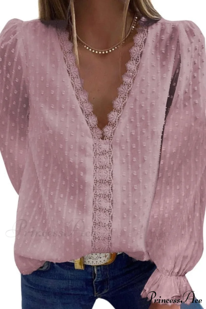 Fashion Lace Patchwork V Neck Blouses - Image 2