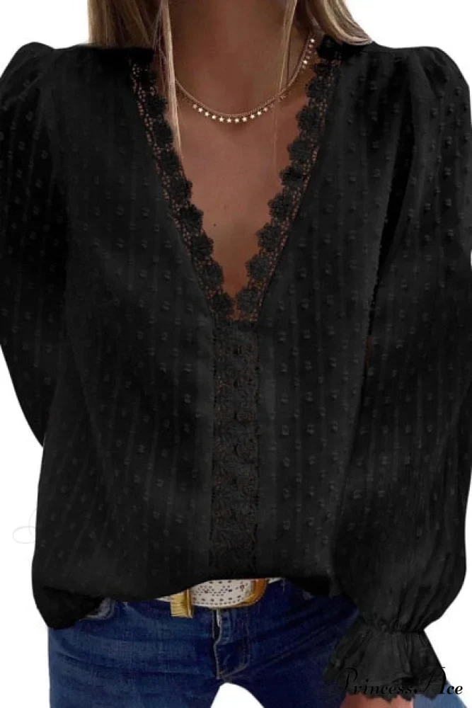 Fashion Lace Patchwork V Neck Blouses - Image 3