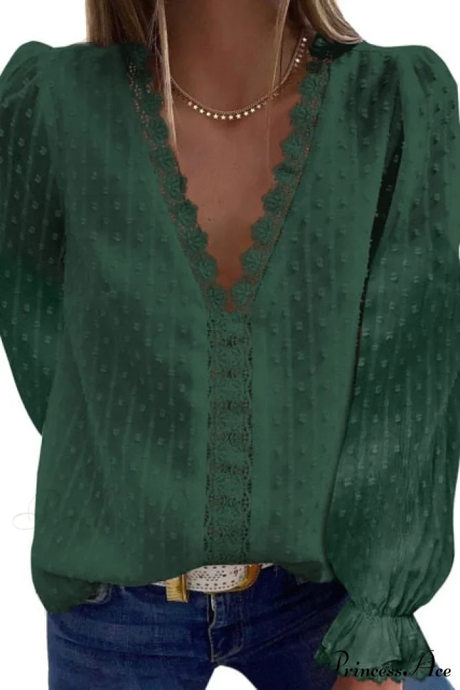 Fashion Lace Patchwork V Neck Blouses - Image 4