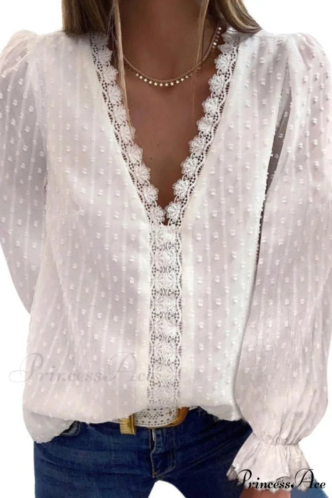 Fashion Lace Patchwork V Neck Blouses - Image 5