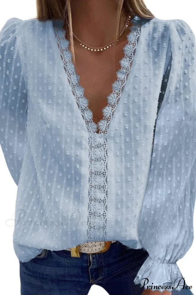 Fashion Lace Patchwork V Neck Blouses - Image 6