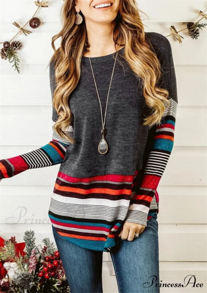 Striped Women Splicing Long Sleeve Top - Image 5