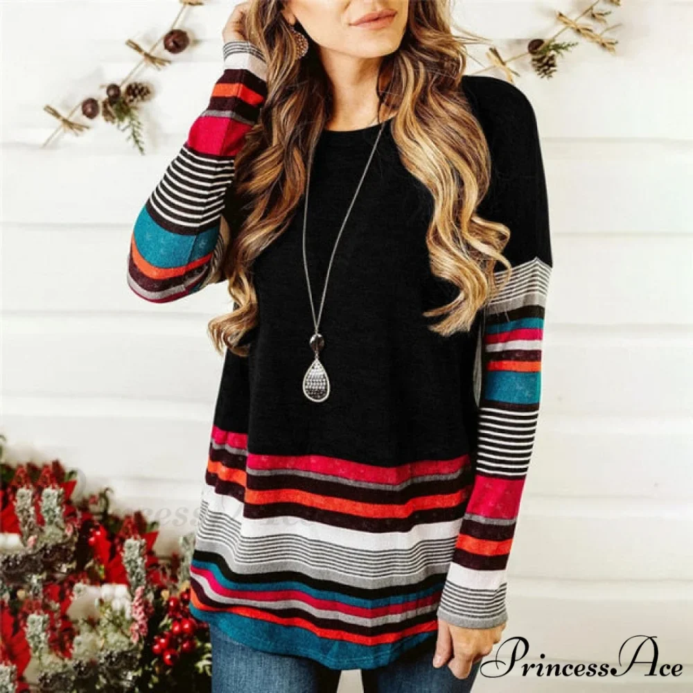 Striped Women Splicing Long Sleeve Top - Image 7