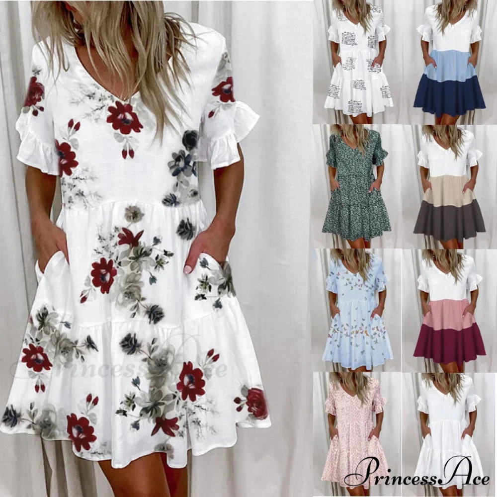 Short Sleeve Floral Print Ruffled Pocket Dresses - Image 2