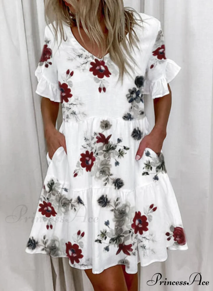 Short Sleeve Floral Print Ruffled Pocket Dresses - Image 4