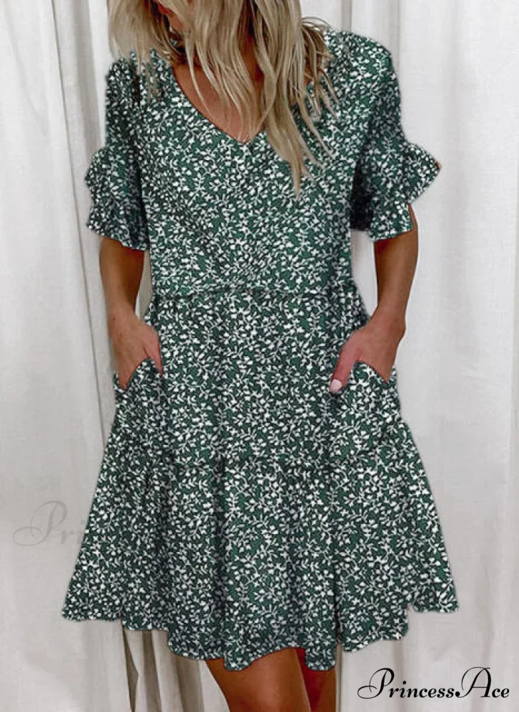 Short Sleeve Floral Print Ruffled Pocket Dresses - Image 7