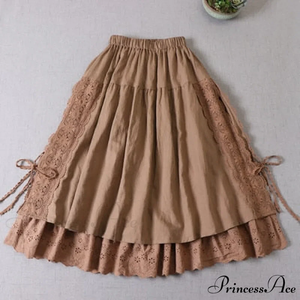 Sweet Japan Style Mori Lace Stitched Linen Skirt - Image 2