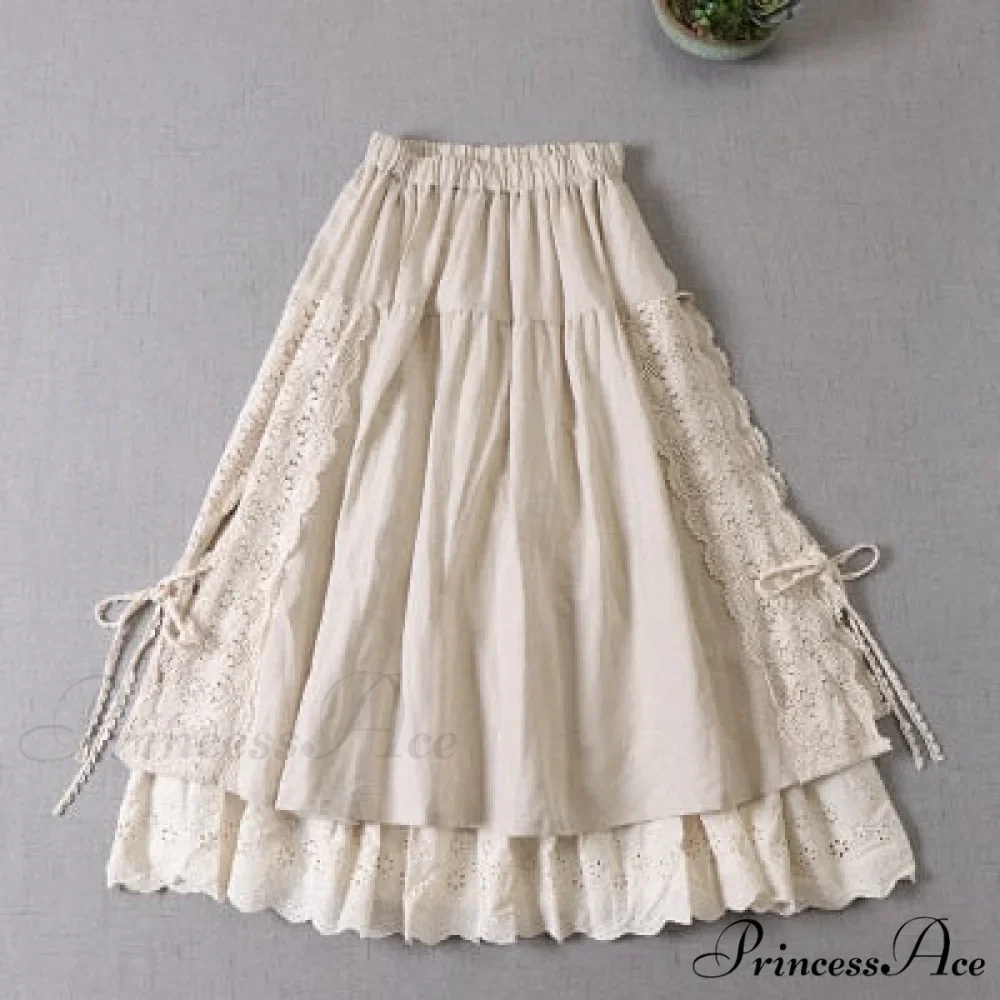 Sweet Japan Style Mori Lace Stitched Linen Skirt - Image 3