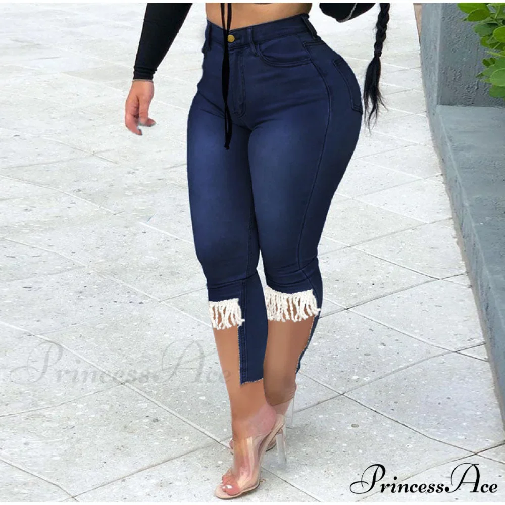 Plus Size Tassel Patchwork Vintage Stretchy Capris - Image 2