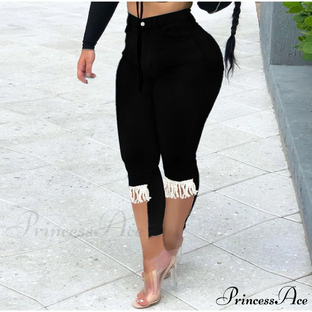 Plus Size Tassel Patchwork Vintage Stretchy Capris - Image 4