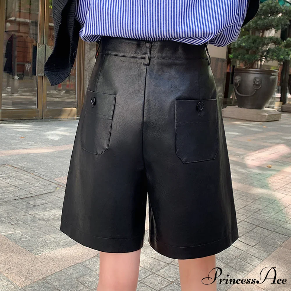 Back Buttons Fashion PU Leather Shorts - Image 2