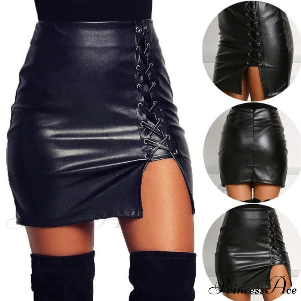 Sexy Girls Black PU Leather Mini Skirts - Image 5